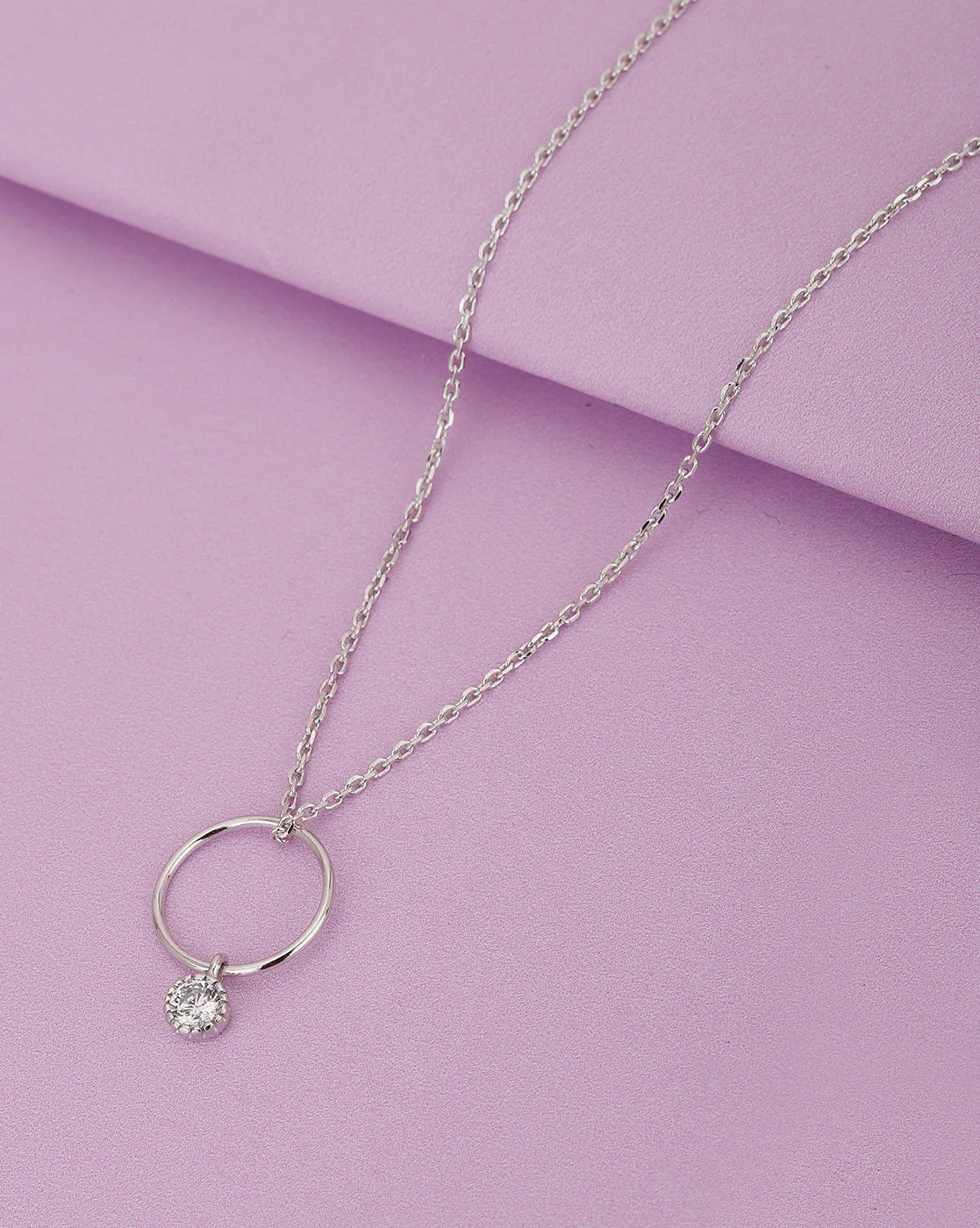 925 Sterling Silver Rhodium Plated Circle With Solitaire Pendant And Chain