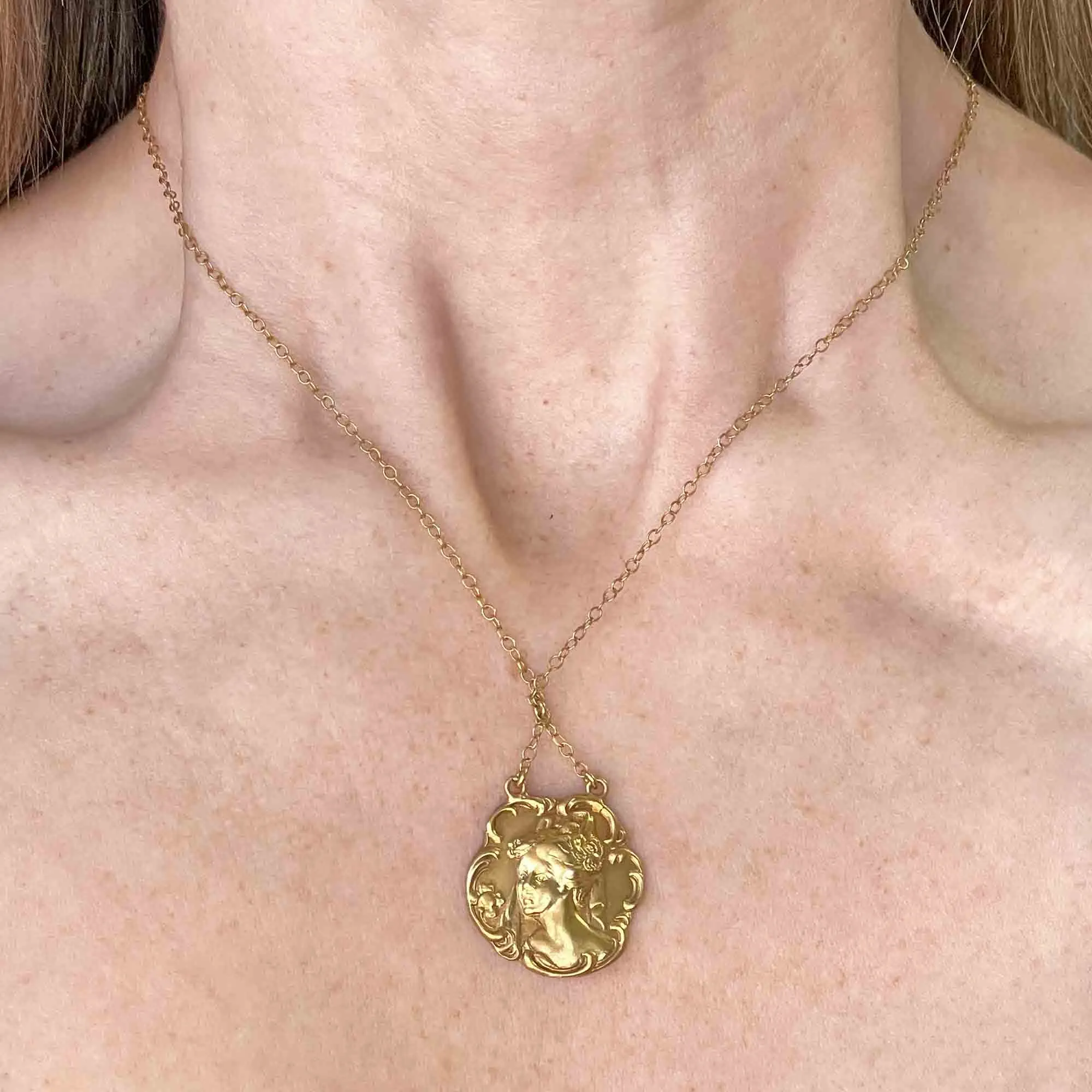 Antique Art Nouveau Gold Lady Pendant Necklace