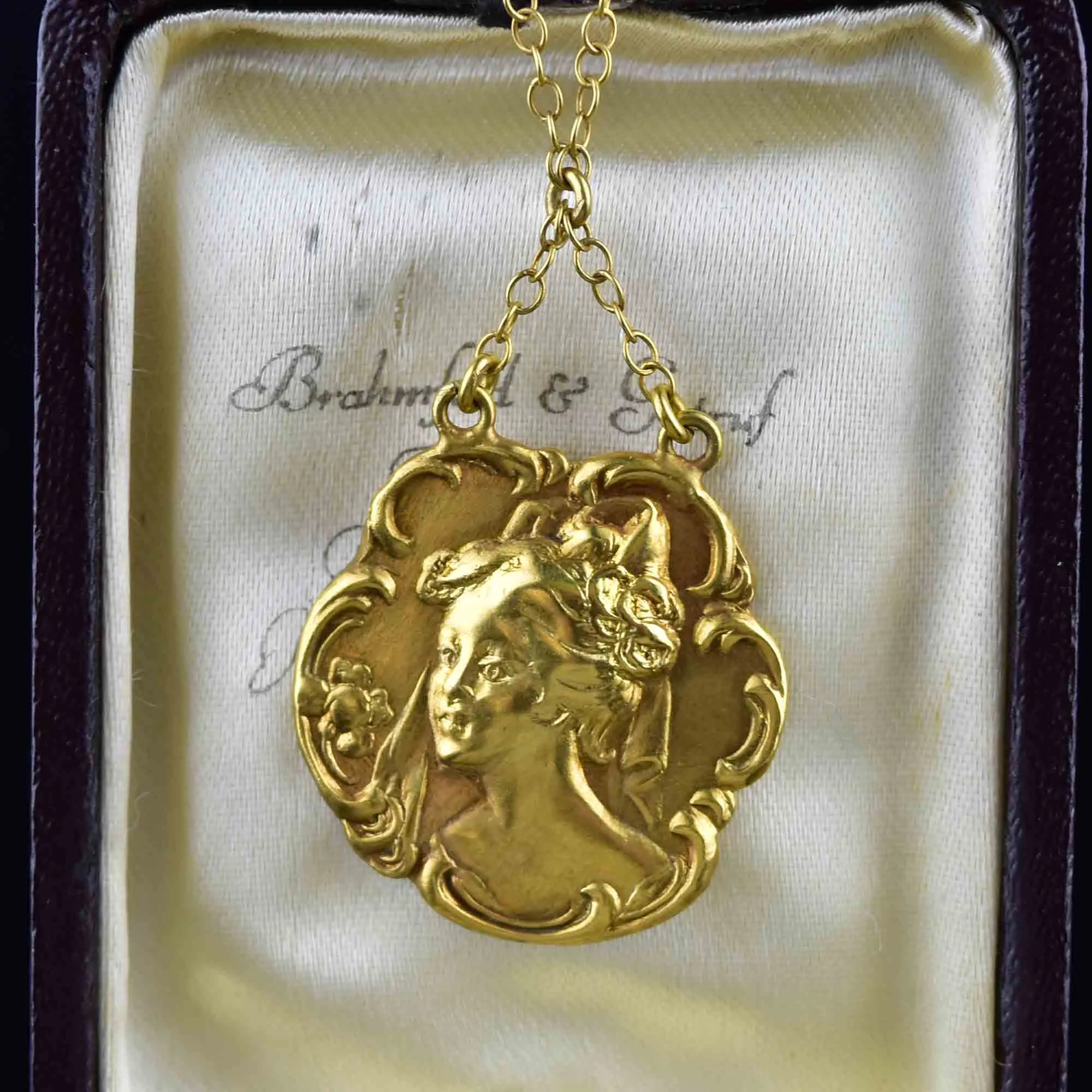 Antique Art Nouveau Gold Lady Pendant Necklace