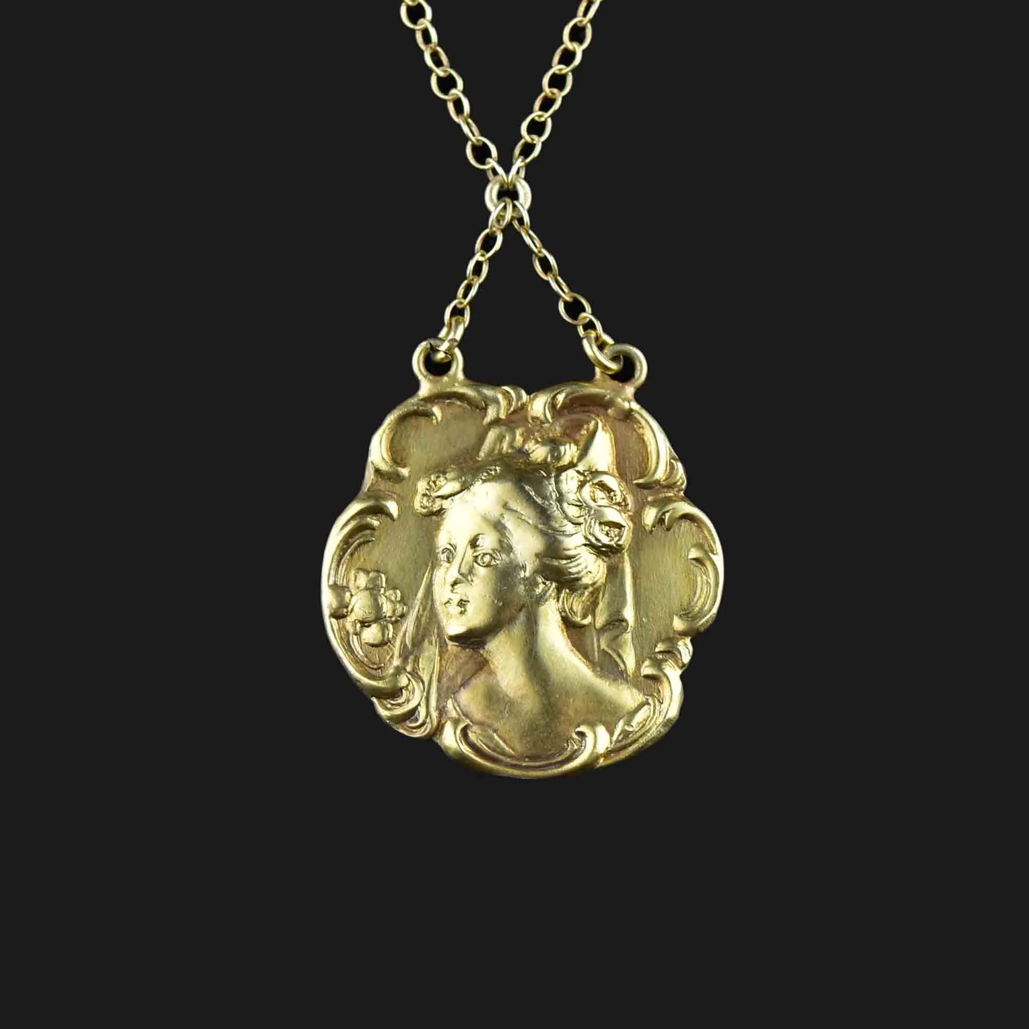 Antique Art Nouveau Gold Lady Pendant Necklace