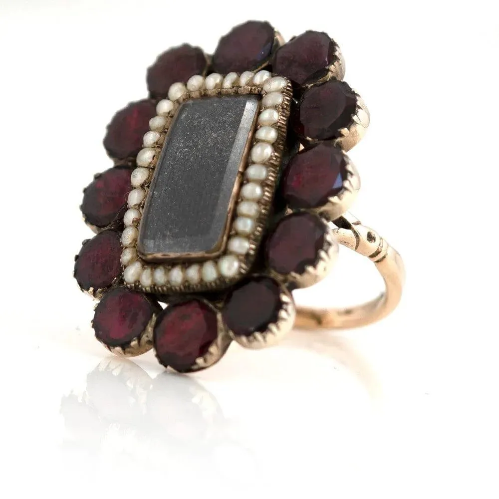 Antique Georgian Flat Cut Garnet Seed Pearl Gold Ring