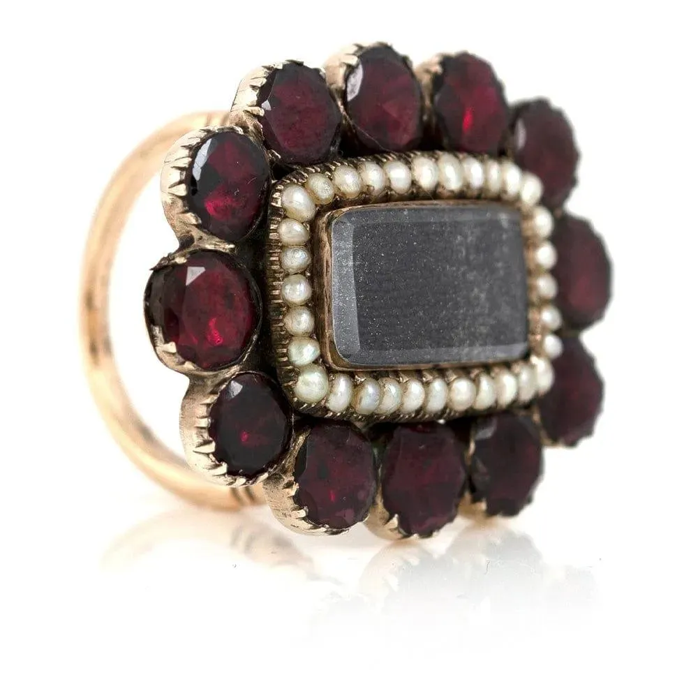 Antique Georgian Flat Cut Garnet Seed Pearl Gold Ring