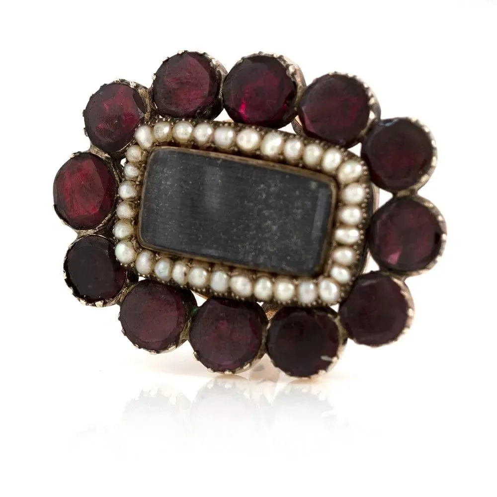 Antique Georgian Flat Cut Garnet Seed Pearl Gold Ring