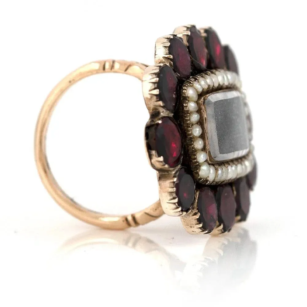 Antique Georgian Flat Cut Garnet Seed Pearl Gold Ring