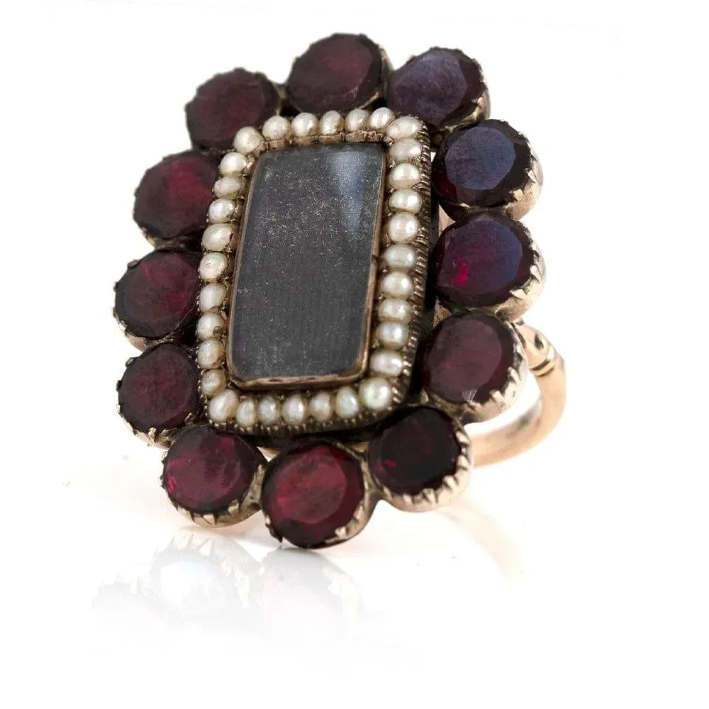 Antique Georgian Flat Cut Garnet Seed Pearl Gold Ring