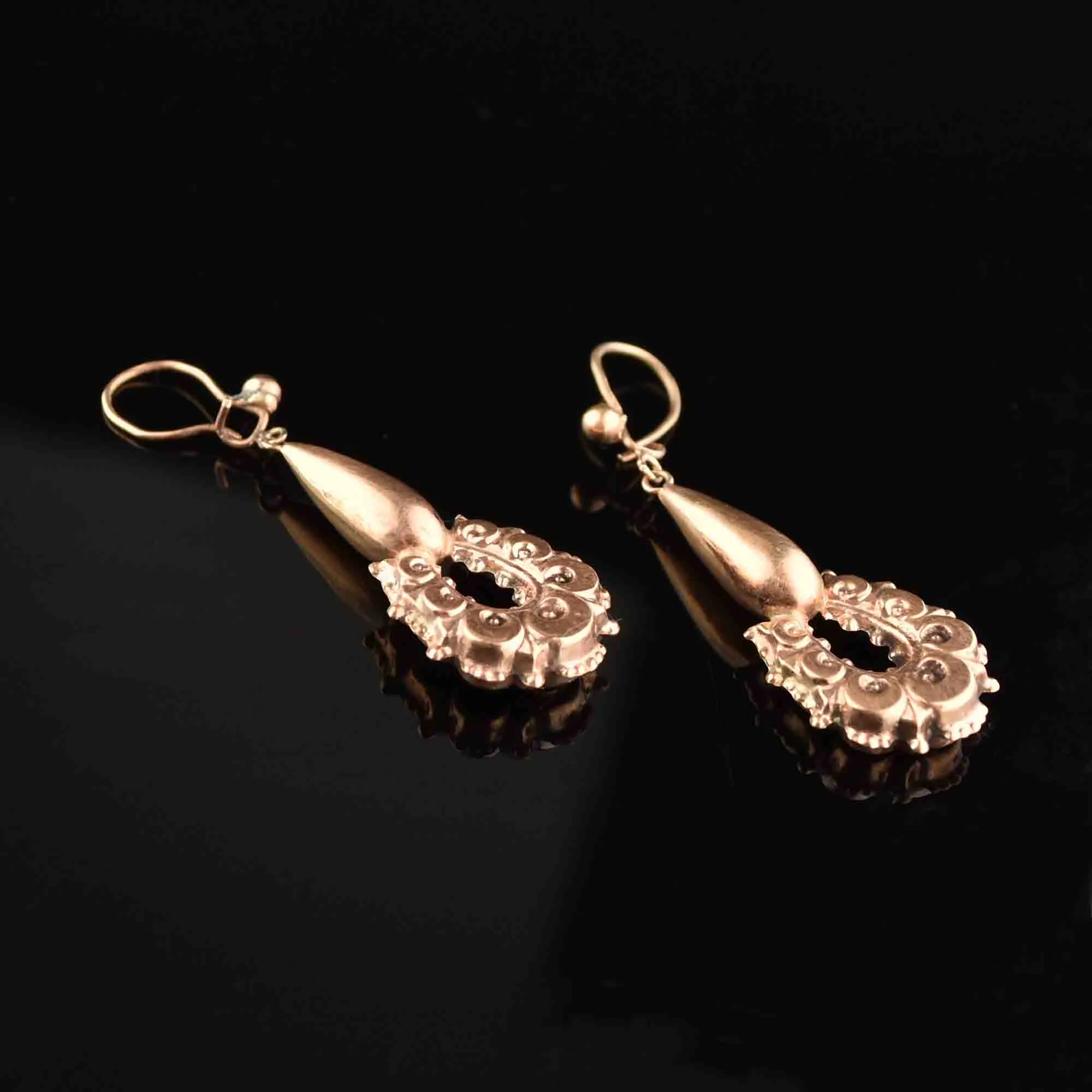 Antique Long Carved Horseshoe 9K Rose Gold Earrings