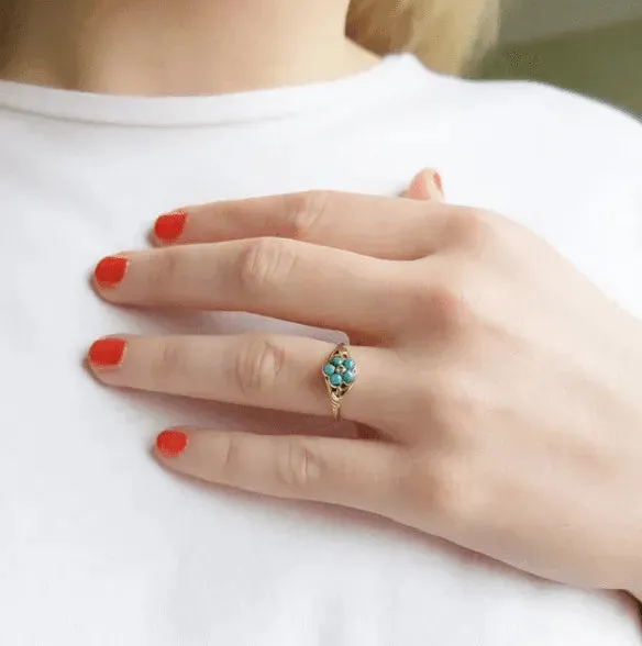 Antique Victorian Turquoise & Diamond 9ct Gold Mourning Ring