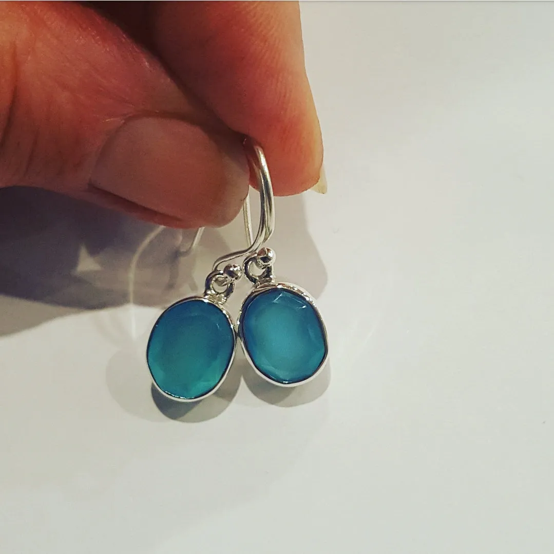 Aqua Blue Chalcedony Stone drop earrings oval