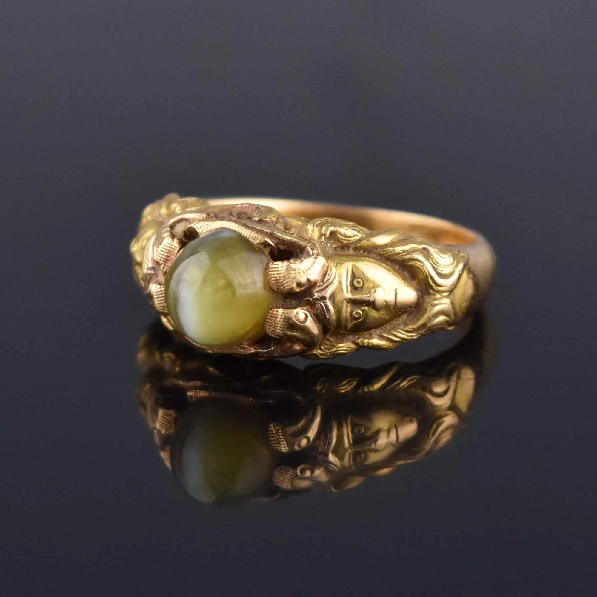 Art Nouveau 18K Gold Cat's Eye Chrysoberyl Ring, Figural Faces