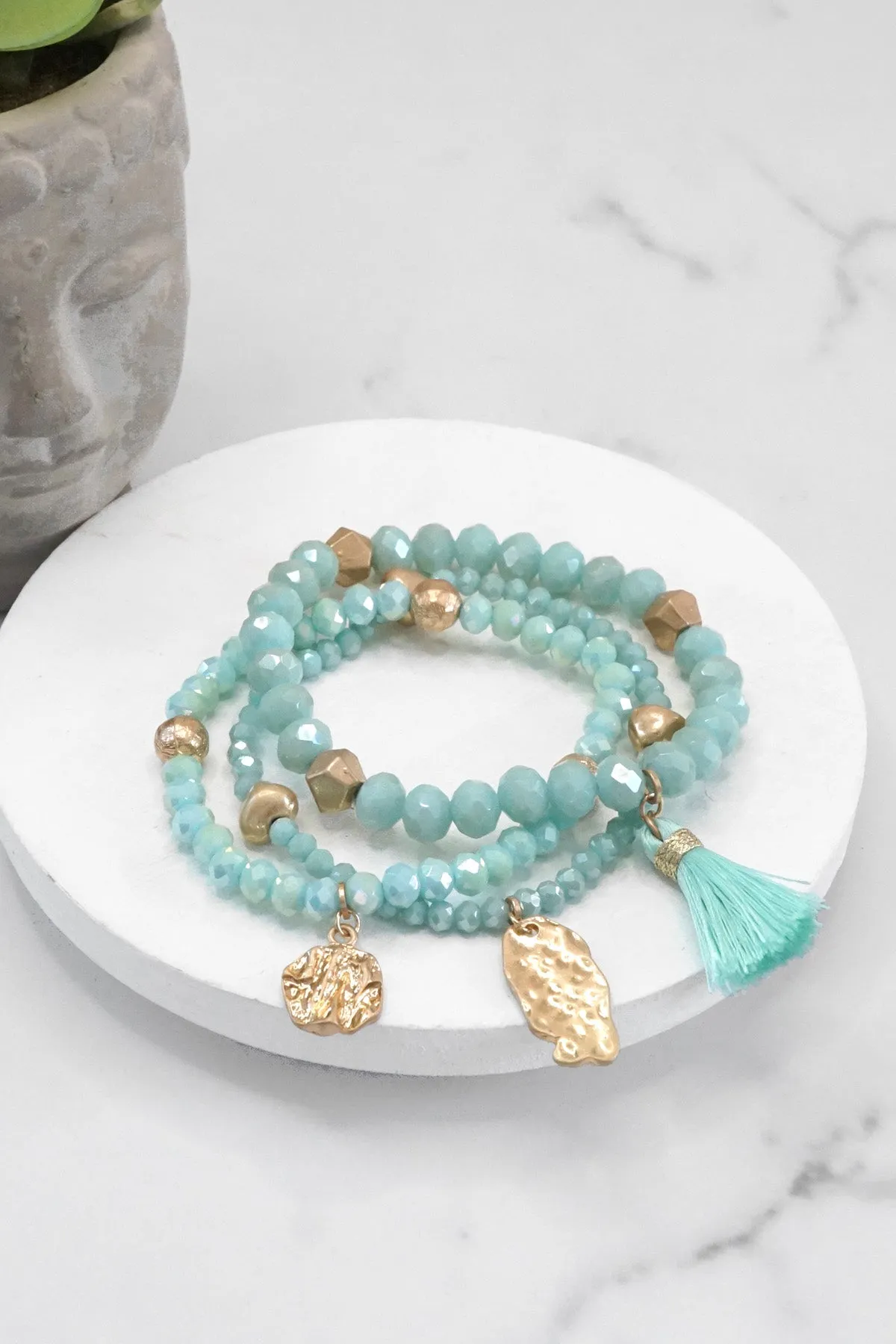 Beaded bracelet stack with tassel and coins Aqua Taupe Rose