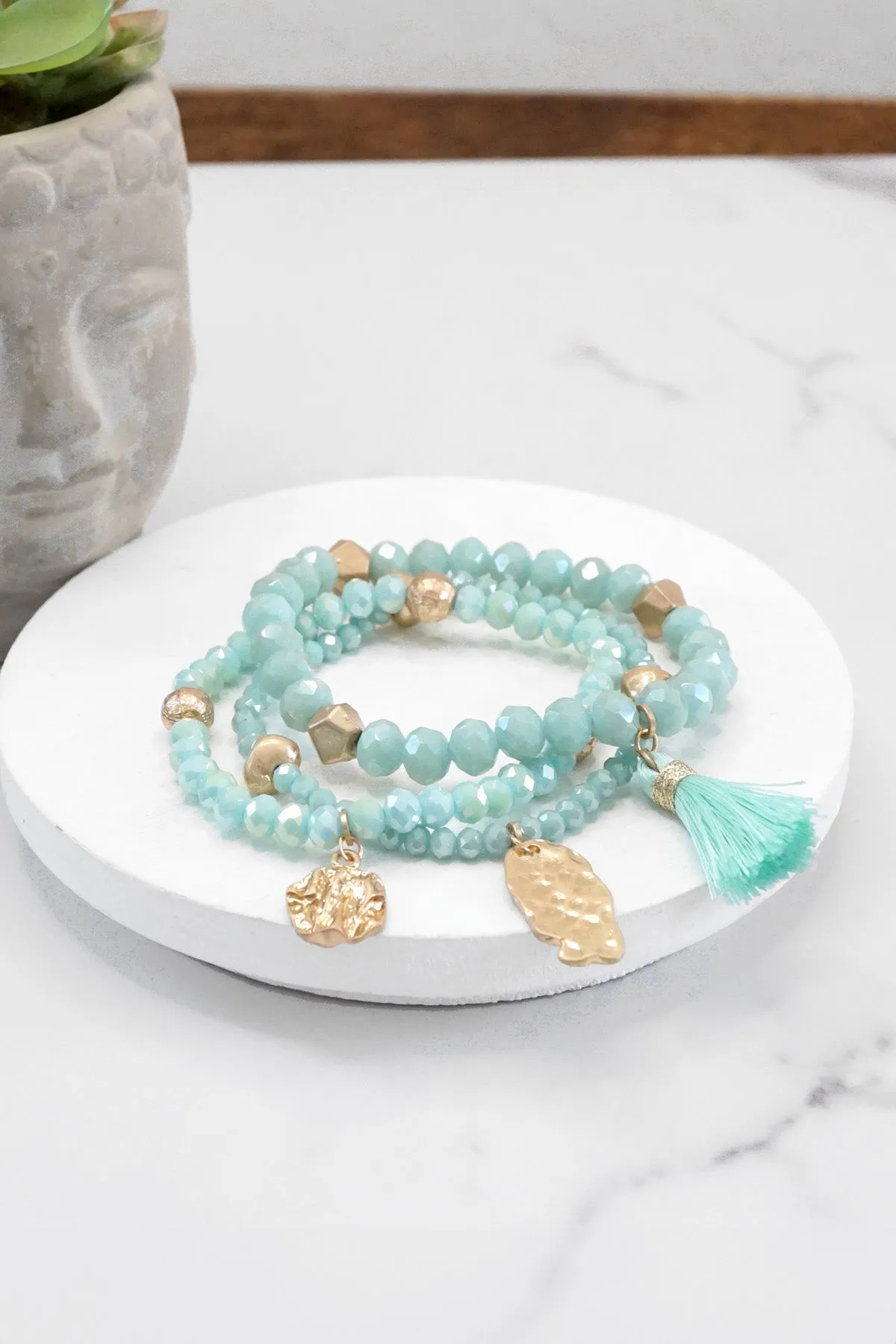 Beaded bracelet stack with tassel and coins Aqua Taupe Rose