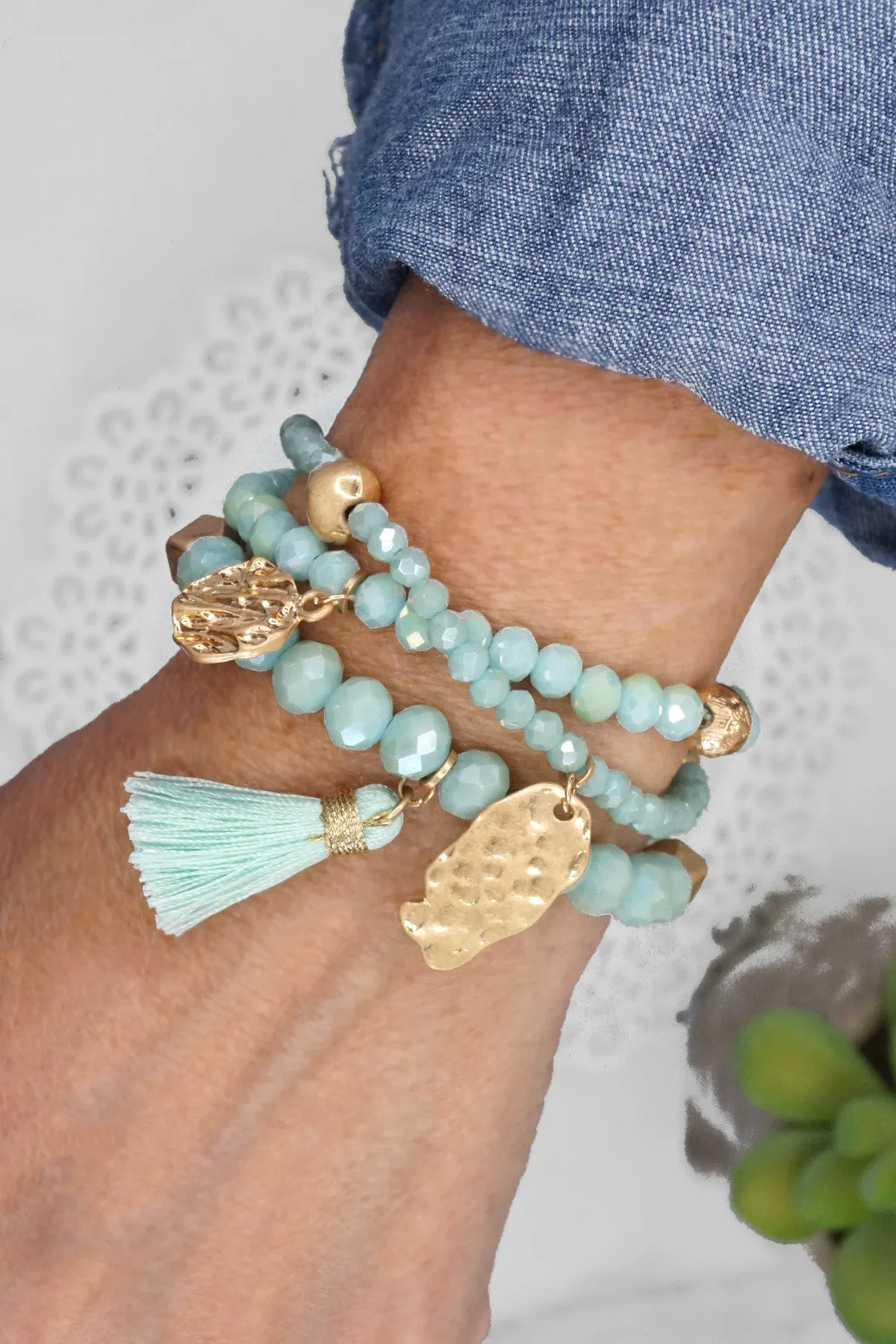 Beaded bracelet stack with tassel and coins Aqua Taupe Rose