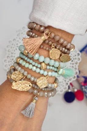 Beaded bracelet stack with tassel and coins Aqua Taupe Rose