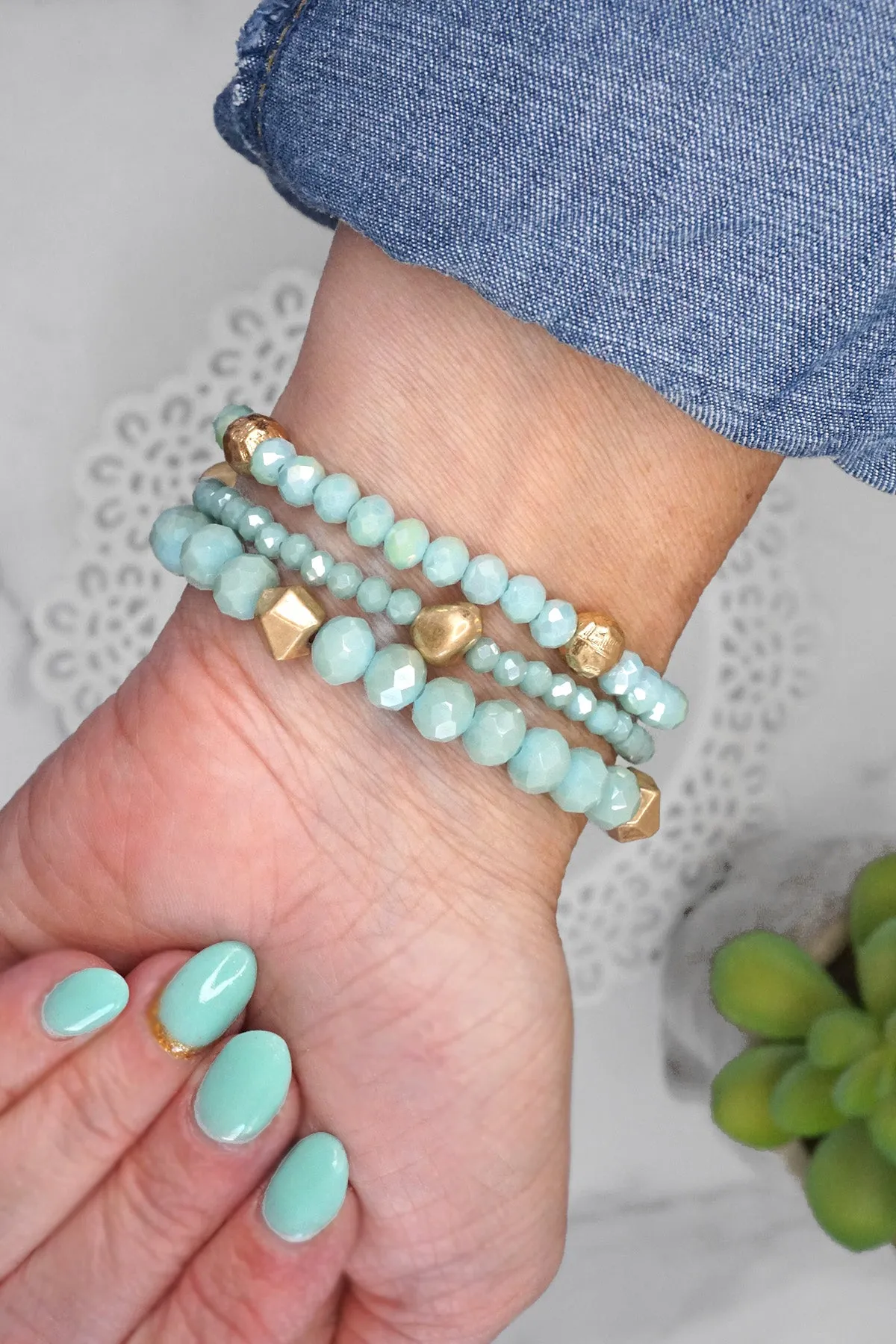 Beaded bracelet stack with tassel and coins Aqua Taupe Rose