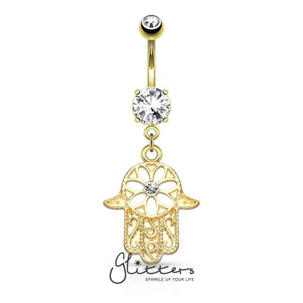 Beaded Outline Hamsa with Center C.Z Dangle Navel Ring-Gold