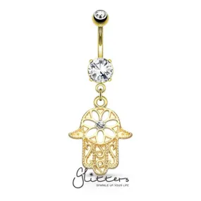 Beaded Outline Hamsa with Center C.Z Dangle Navel Ring-Gold