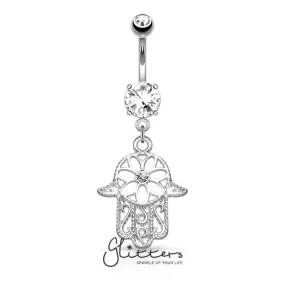 Beaded Outline Hamsa with Center C.Z Dangle Navel Ring-Silver