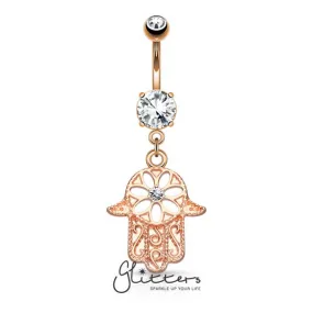 Beaded Outline Hamsa with Center C.Z Dangle Navel Ring- Rose Gold