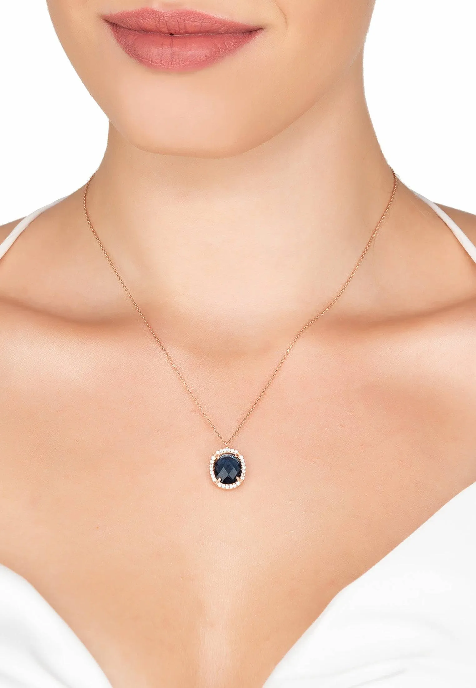 Beatrice Oval Gemstone Pendant Necklace Rose Gold Sapphire Hydro