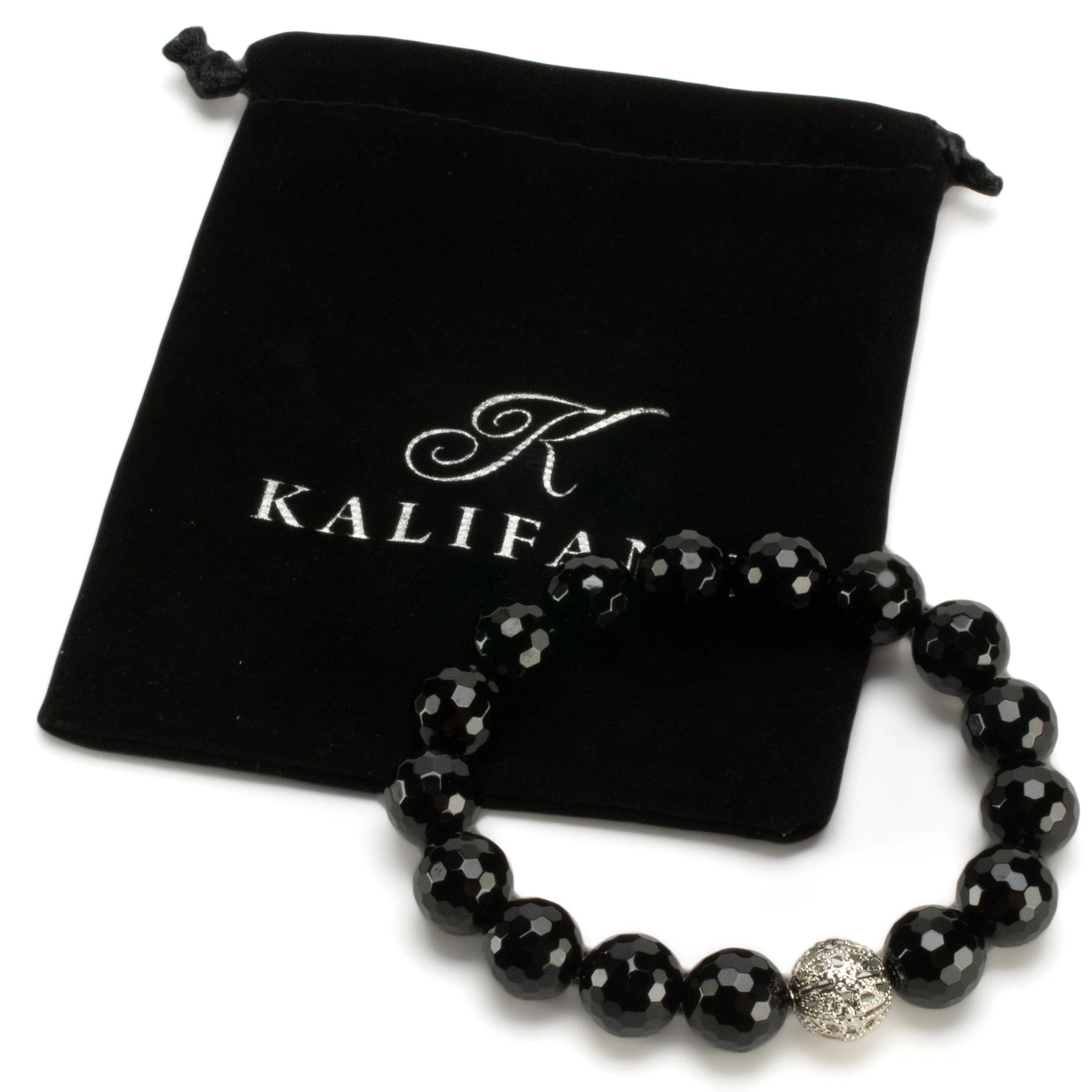 Black Agate 12mm Beads with Silver Accent Bead Elastic Gemstone Bracelet