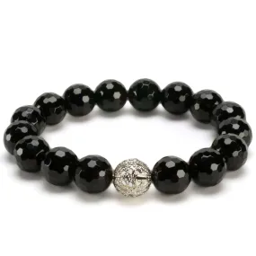 Black Agate 12mm Beads with Silver Accent Bead Elastic Gemstone Bracelet