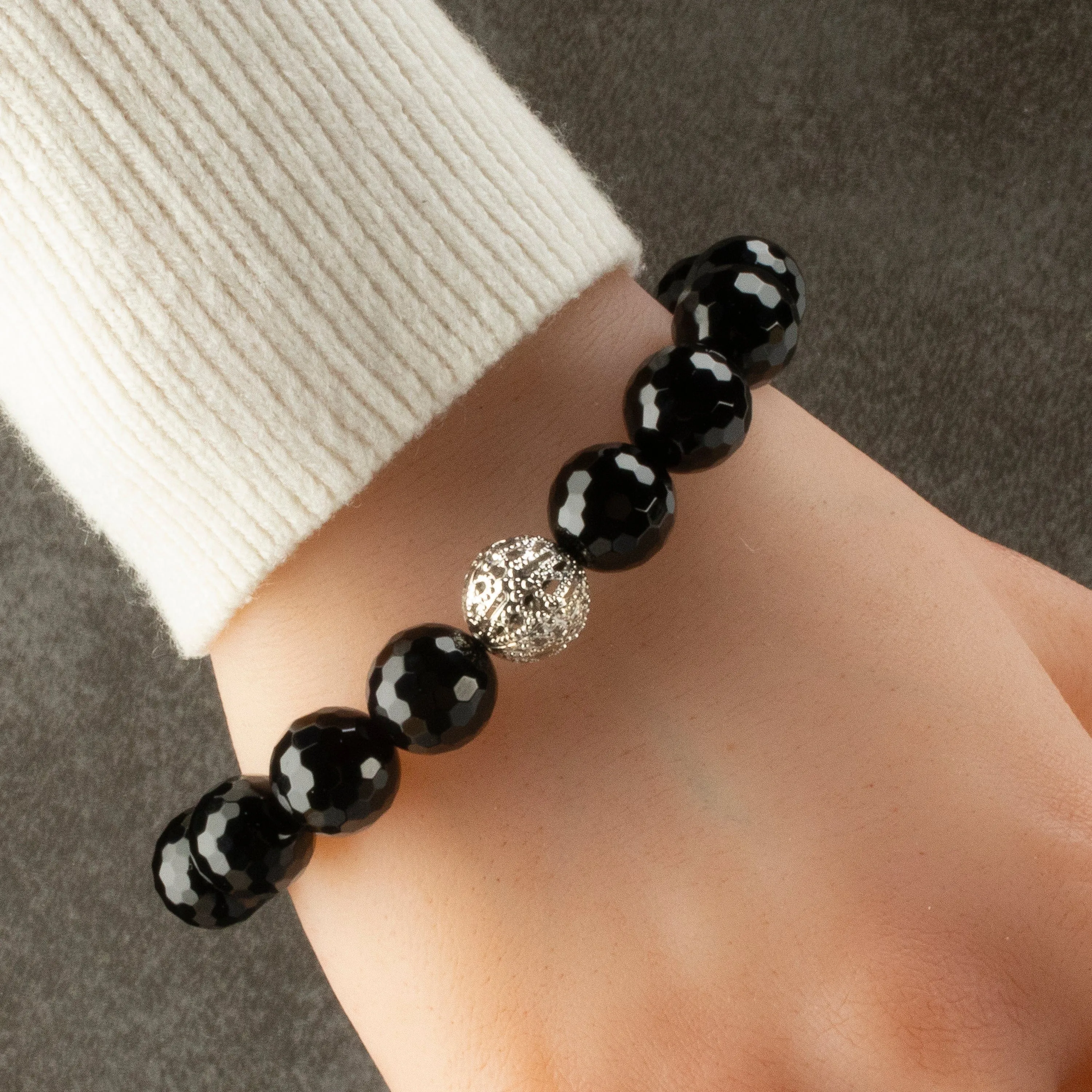 Black Agate 12mm Beads with Silver Accent Bead Elastic Gemstone Bracelet