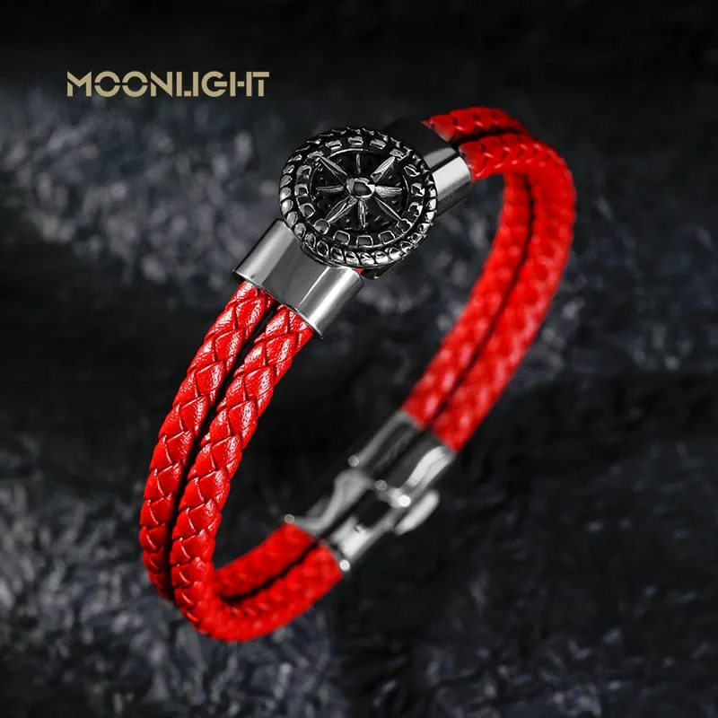 Braided Leather Ship's Wheel Luxury Stainless Steel Bracelet