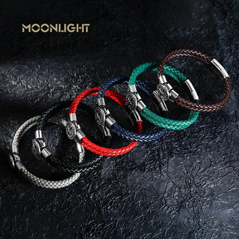 Braided Leather Ship's Wheel Luxury Stainless Steel Bracelet