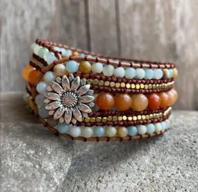 Carnelian, Amazonite 5 Row Cuff Leather Wrap Bracelet