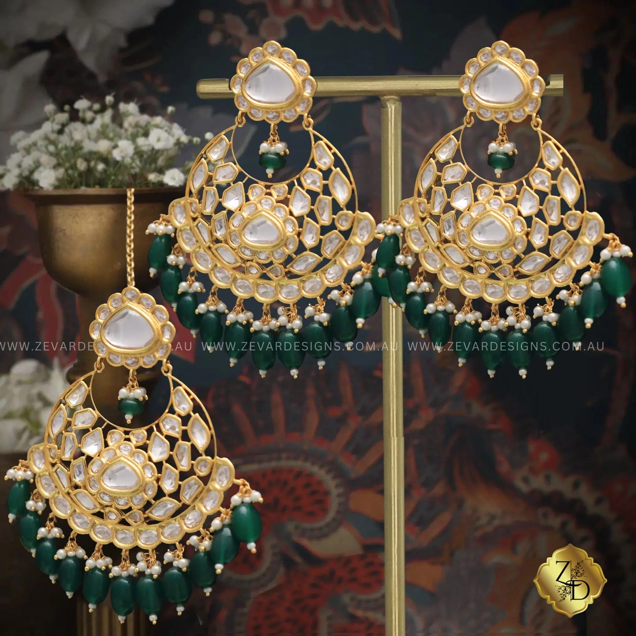 Chandbali Maang Tikka Set - Emerald green