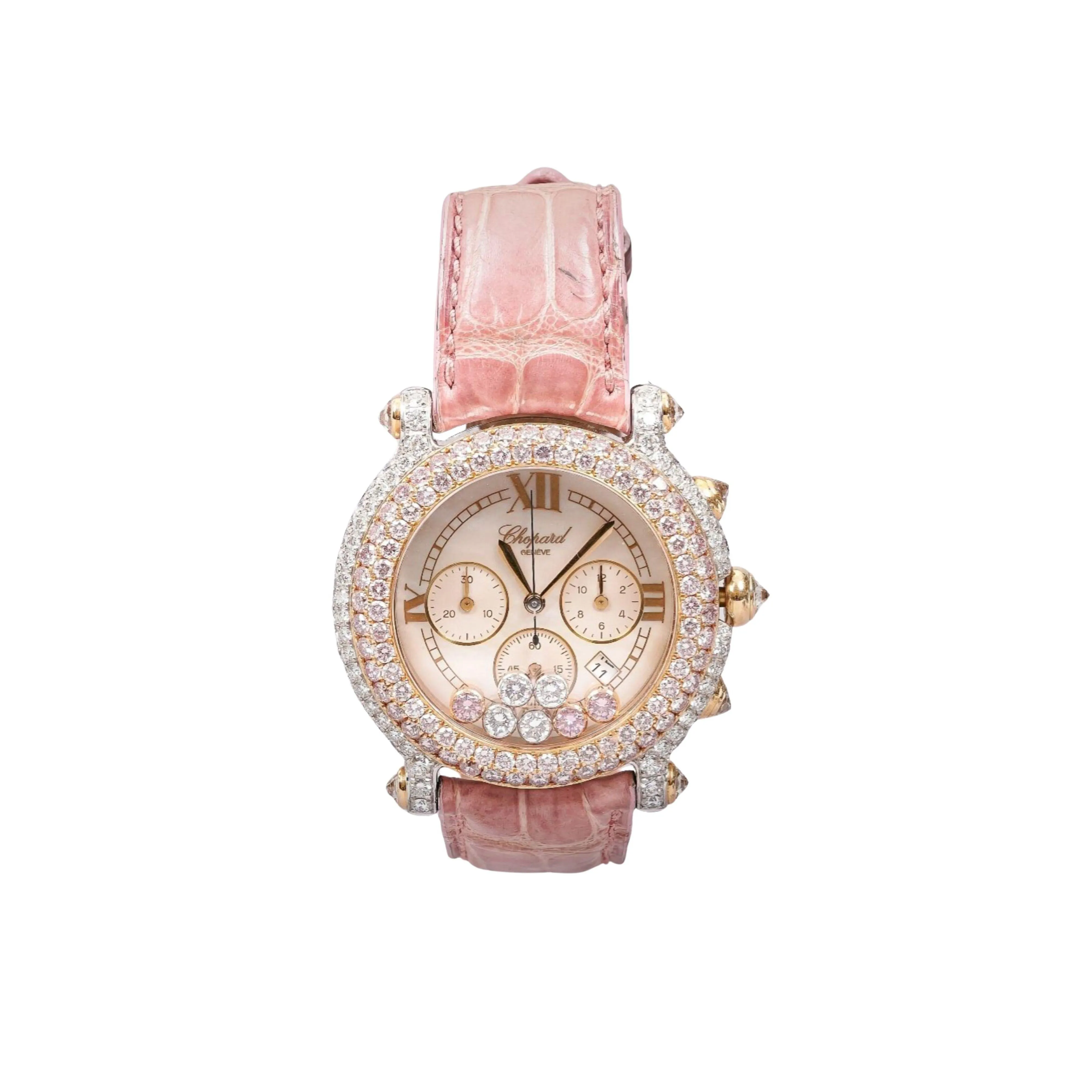 Chopard Happy Sport Pink Diamond 40mm Ladies 18K Gold Watch With Pouch/Papers