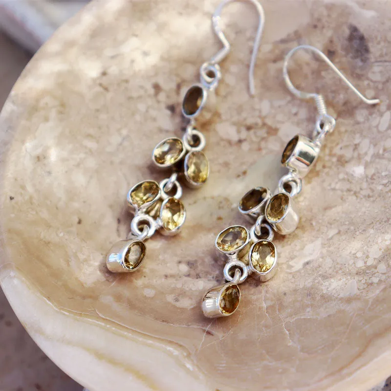 Citrine Silver Drop Gemstone Earrings