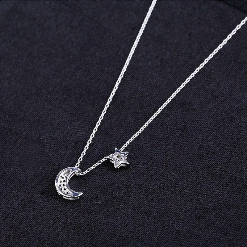 CZ Crystal Paved Moon Star l Chain Necklace Silver- 2 Colors