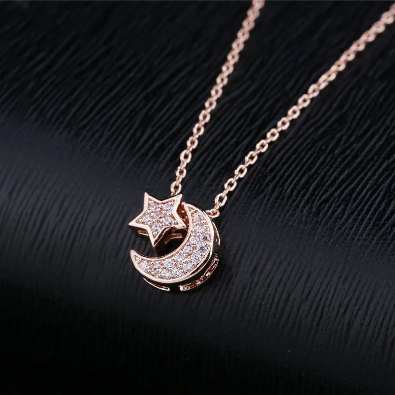 CZ Crystal Paved Moon Star l Chain Necklace Silver- 2 Colors