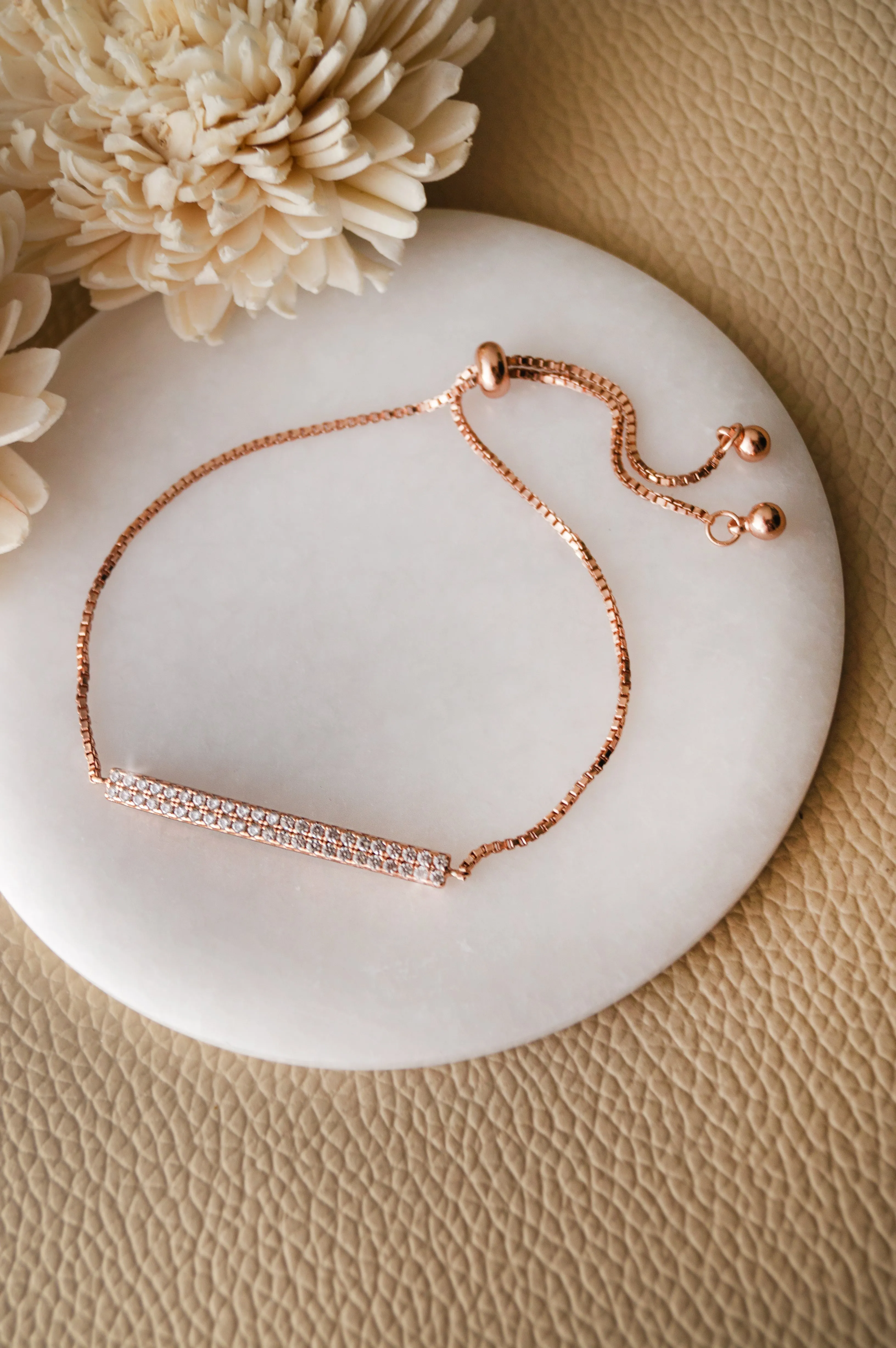 Dainty Sparkle Bar Rose Gold Plated Sterling Silver Pull Chain Bracelet