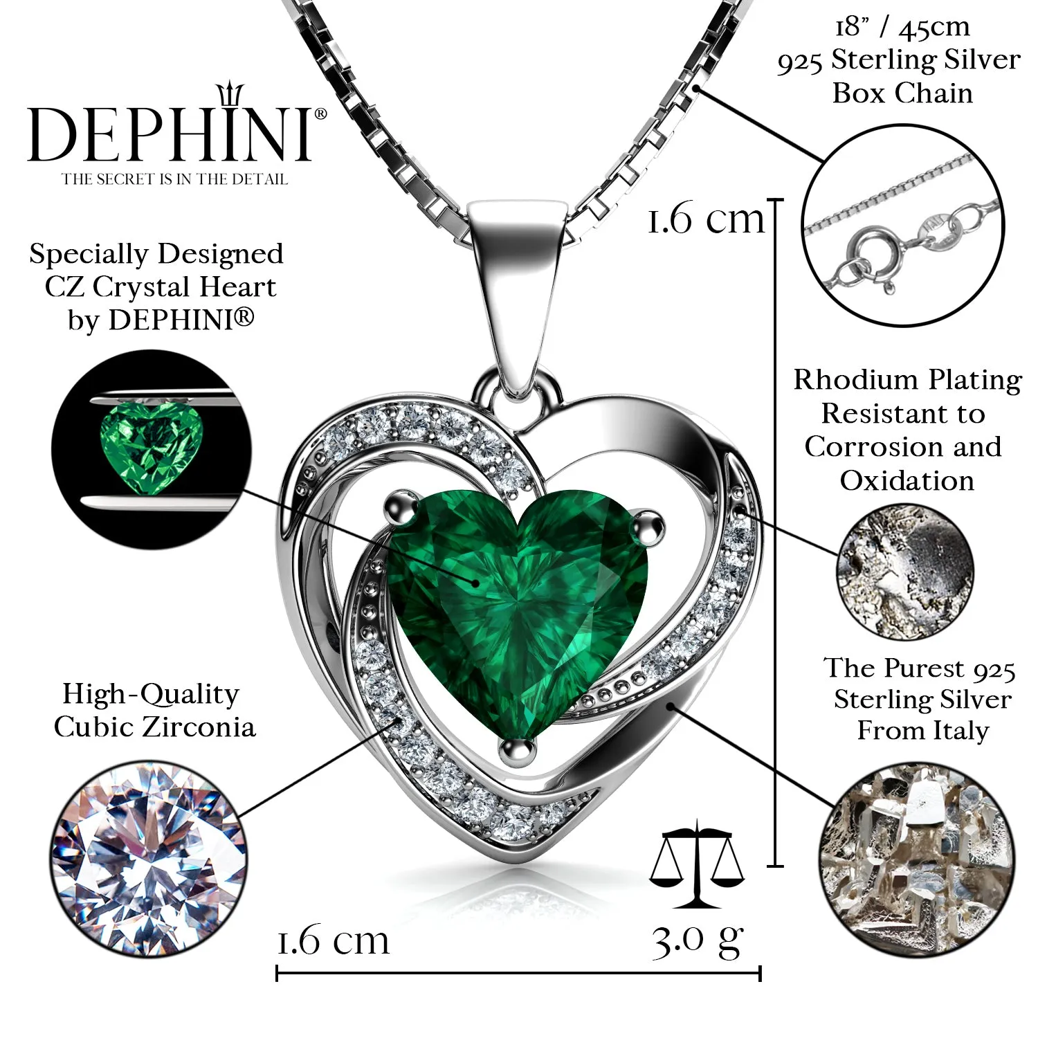 DEPHINI Green Heart Necklace - 925 Sterling Silver Pendant CZ Crystal