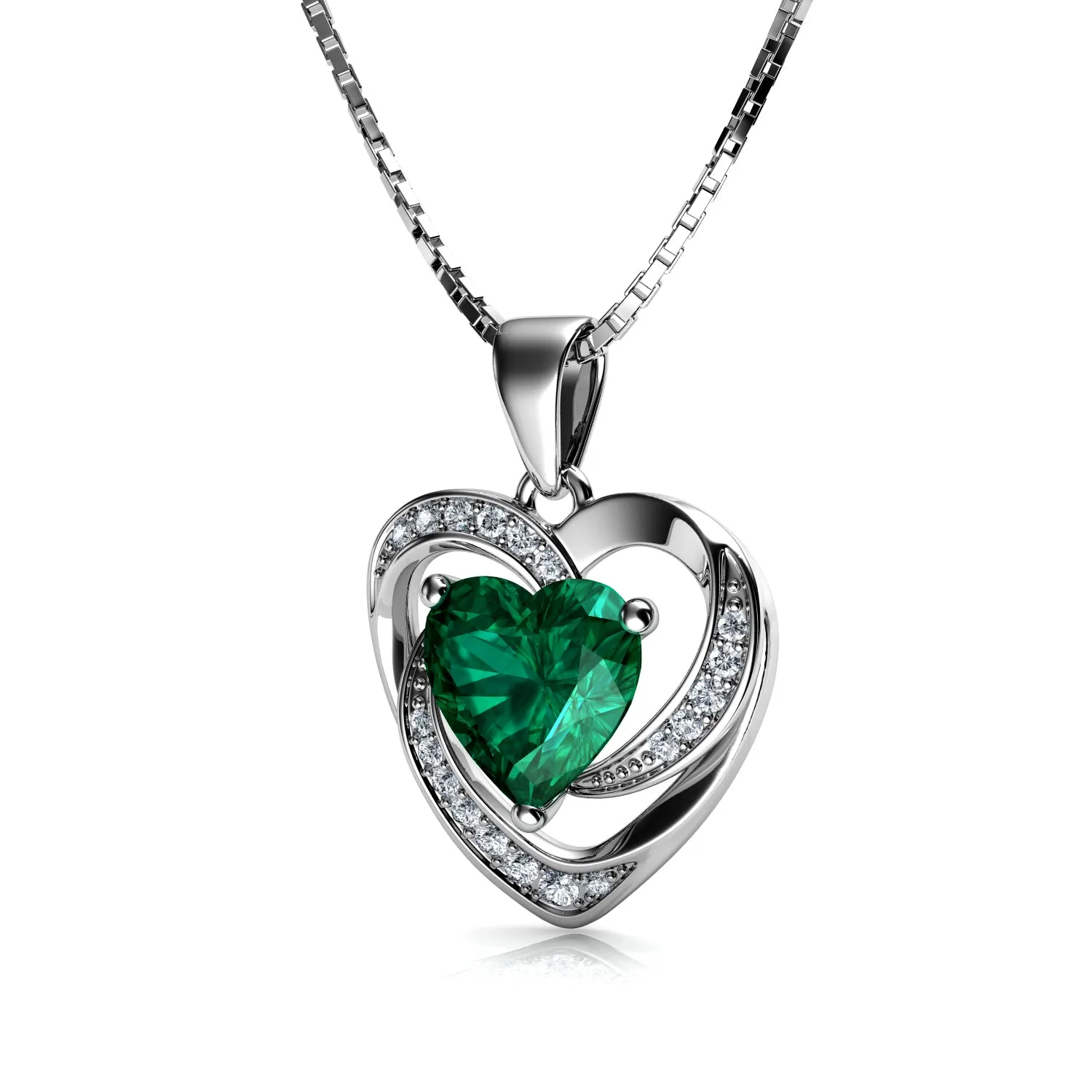 DEPHINI Green Heart Necklace - 925 Sterling Silver Pendant CZ Crystal