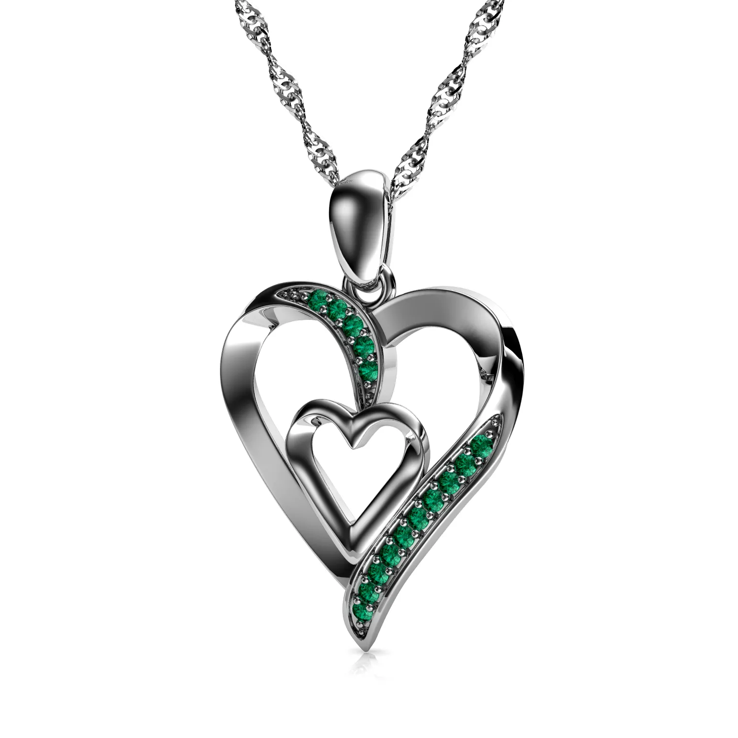 Double Heart Necklace 925 Sterling Silver Jewellery Dephini Green CZ