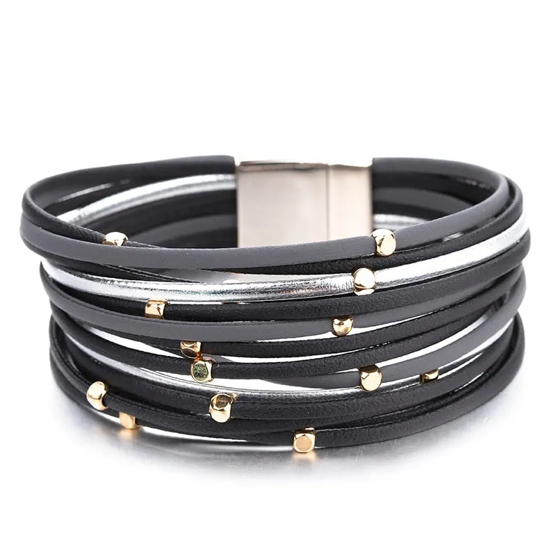 Fresh Accessories - Golden Rain Black Leather Wrap Bracelet