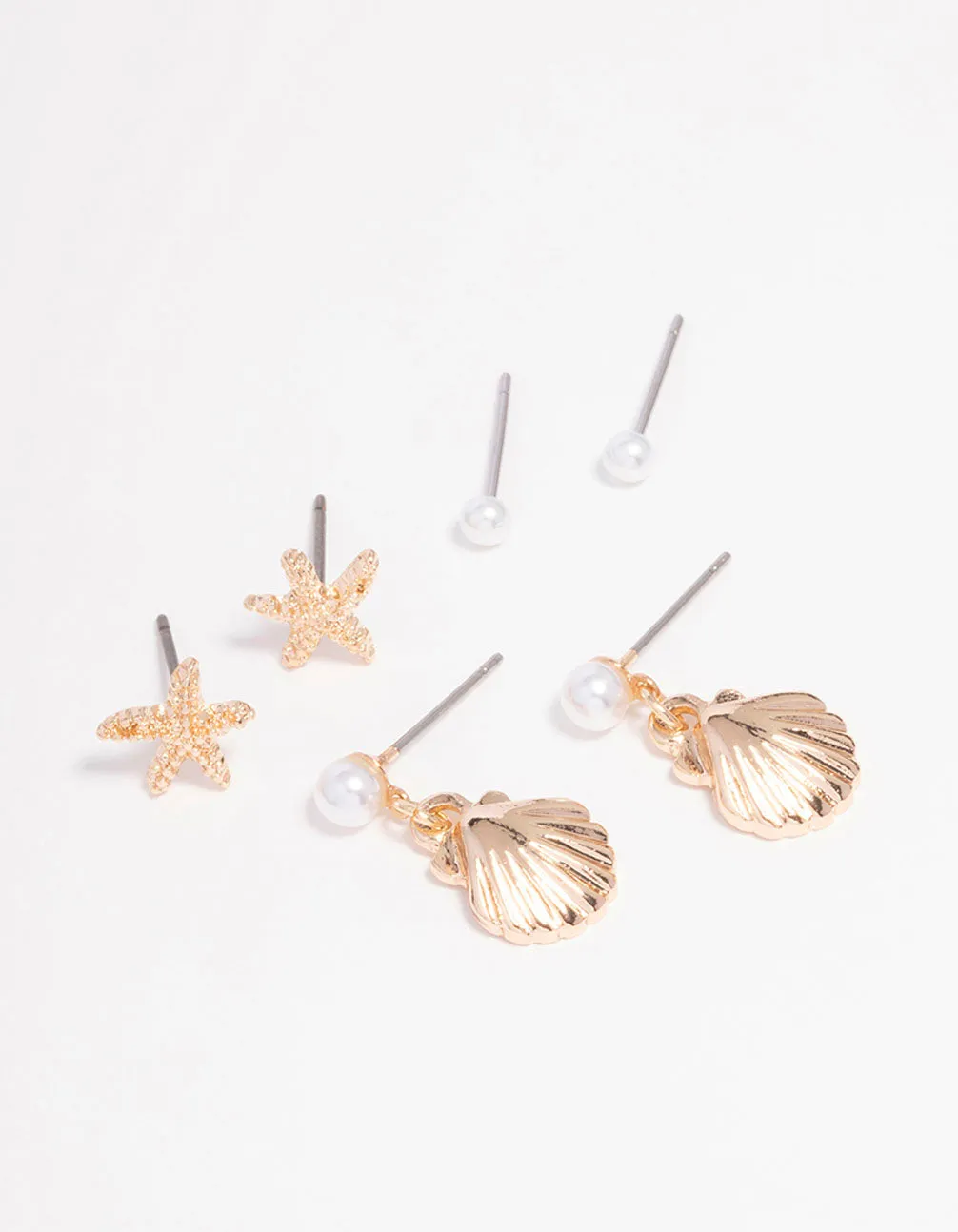 Gold Mixed Pearl Ocean Stud Earring 3-Pack