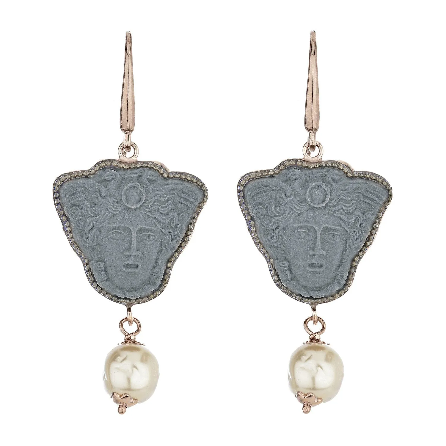 Greek Medusa Cameo Drop Earrings with Freshwater Pearl Accent