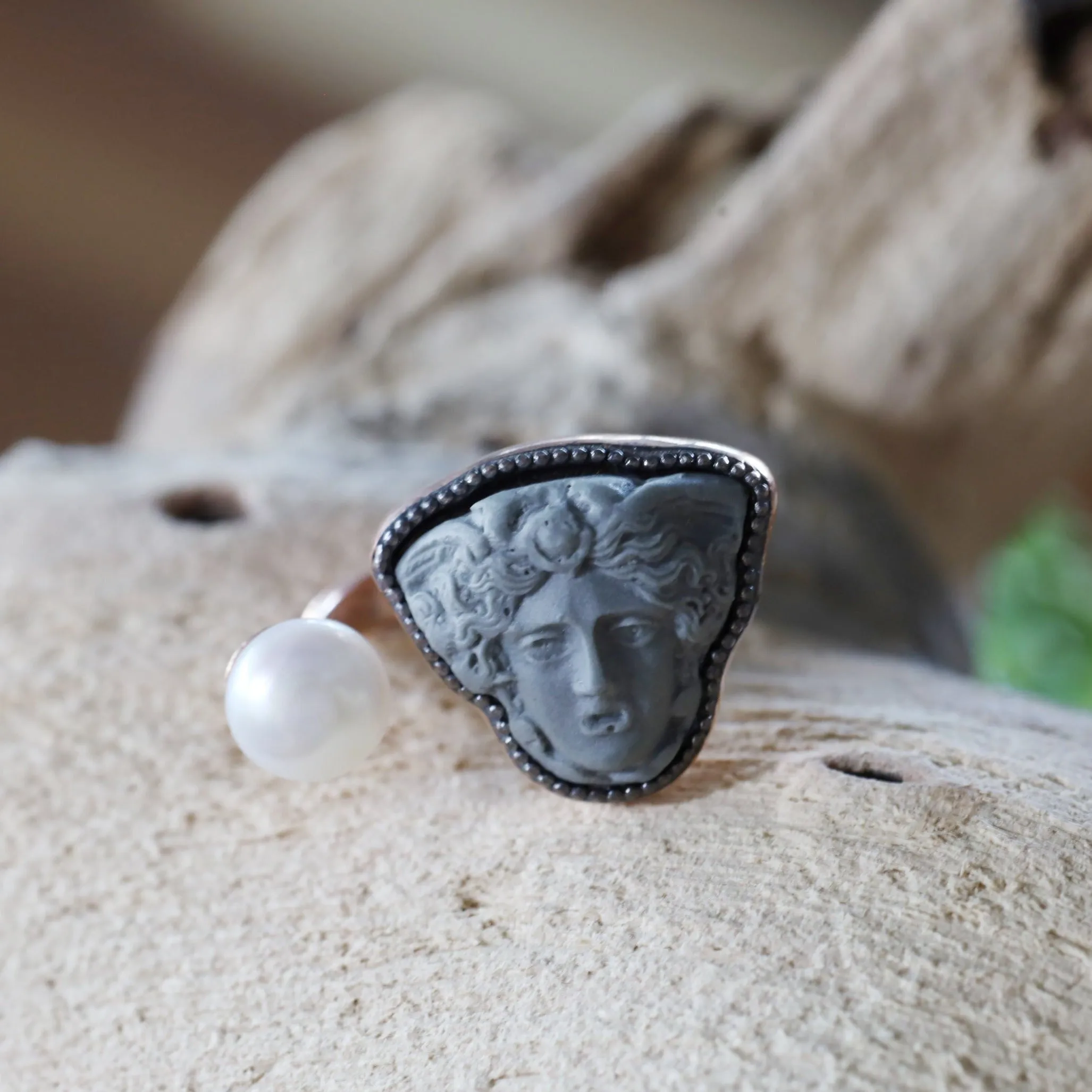 Greek Medusa Cameo Ring with Freshwater Pearl