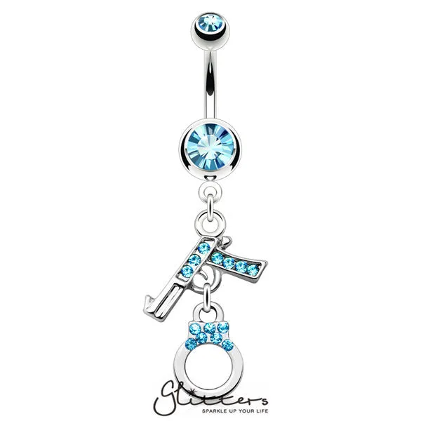 Gun and Handcuff Dangle Surgical Steel Belly Ring-Aqua Crystal