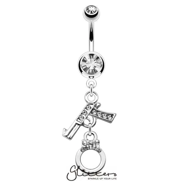 Gun and Handcuff Dangle Surgical Steel Belly Ring-Clear Crystal