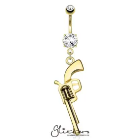 Gun Dangle Cubic Zirconia Prong Set Surgical Steel Navel Ring-Gold