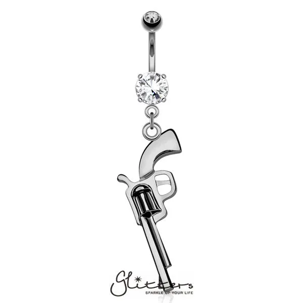 Gun Dangle Cubic Zirconia Prong Set Surgical Steel Navel Ring-Hematite