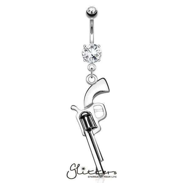 Gun Dangle Cubic Zirconia Prong Set Surgical Steel Navel Ring-Silver