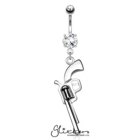 Gun Dangle Cubic Zirconia Prong Set Surgical Steel Navel Ring-Silver