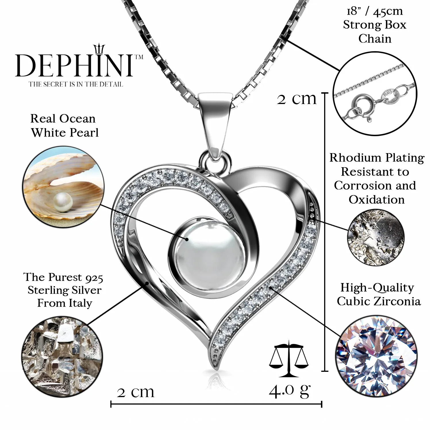 Heart Pearl Necklace CZ Pendant 925 Sterling Silver Jewellery Dephini