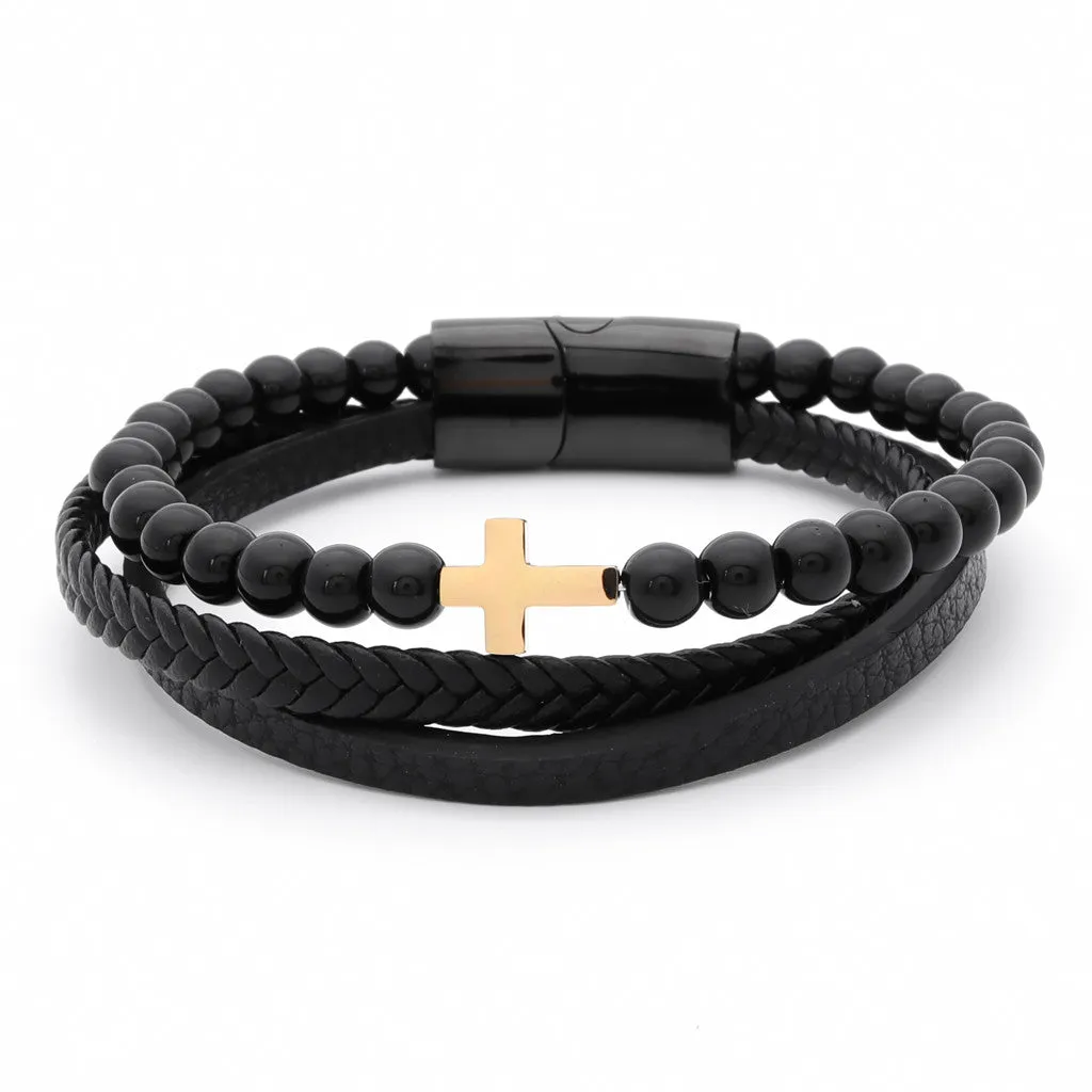 Hematite Beads with Cross Multilayer Leather Bracelet